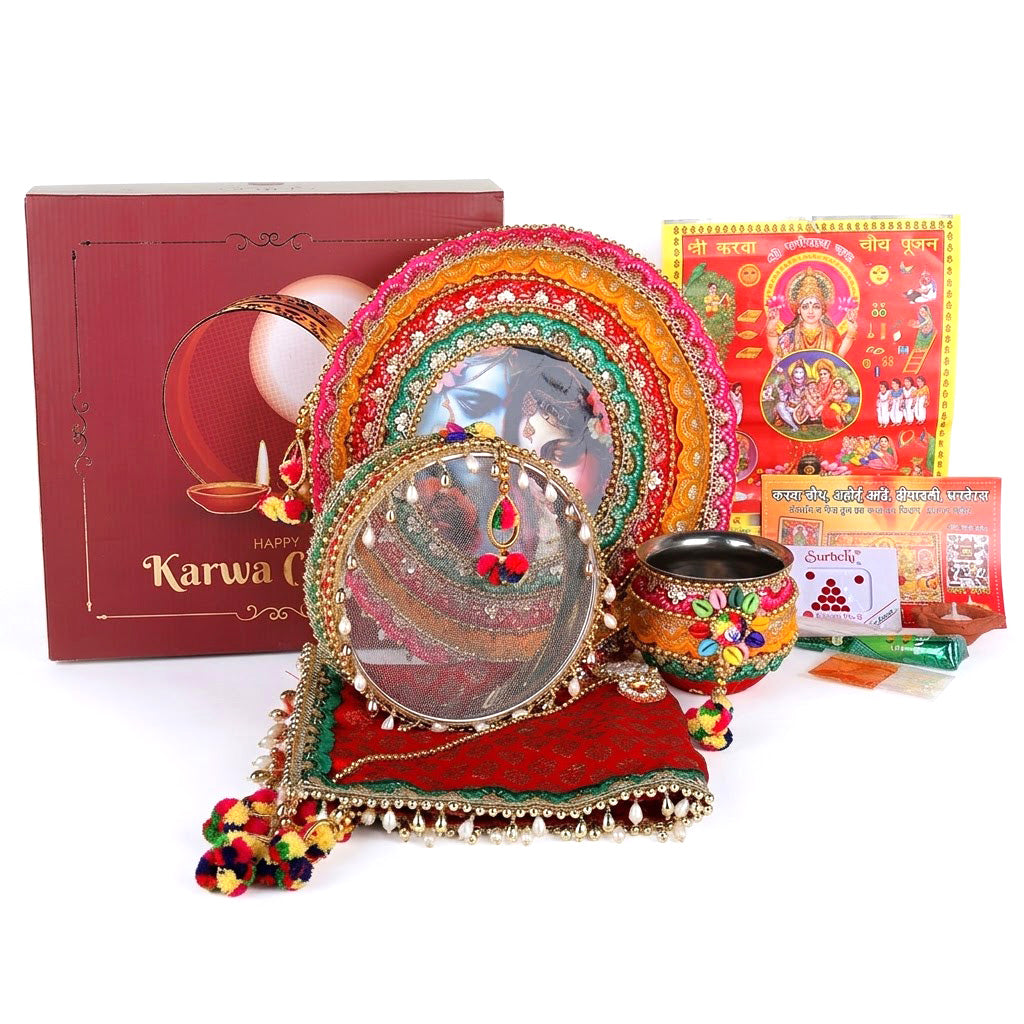 11 Pc Vibrant Red Radha Krishna Designer Karwa Chauth Thali Set