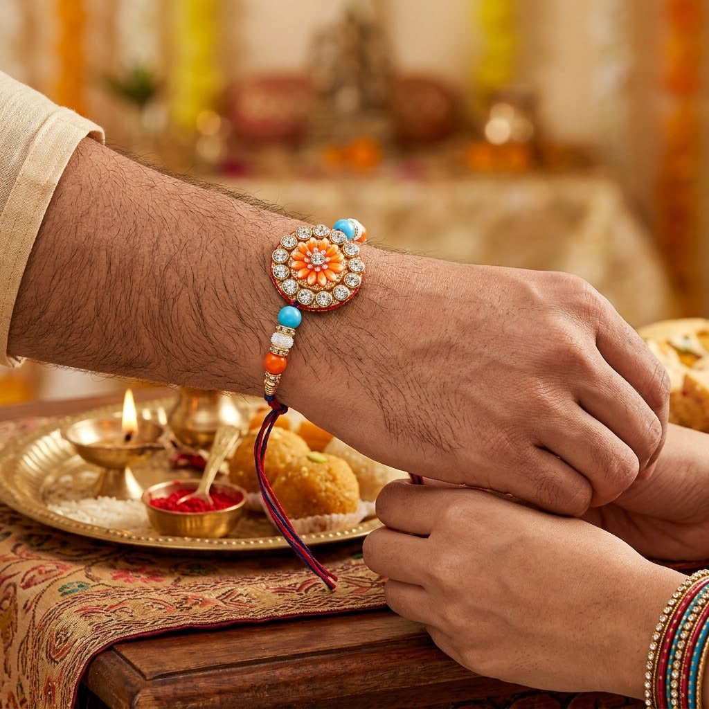 Traditional Divine Krishna and Orange Flower Rakhi (Set of 2)