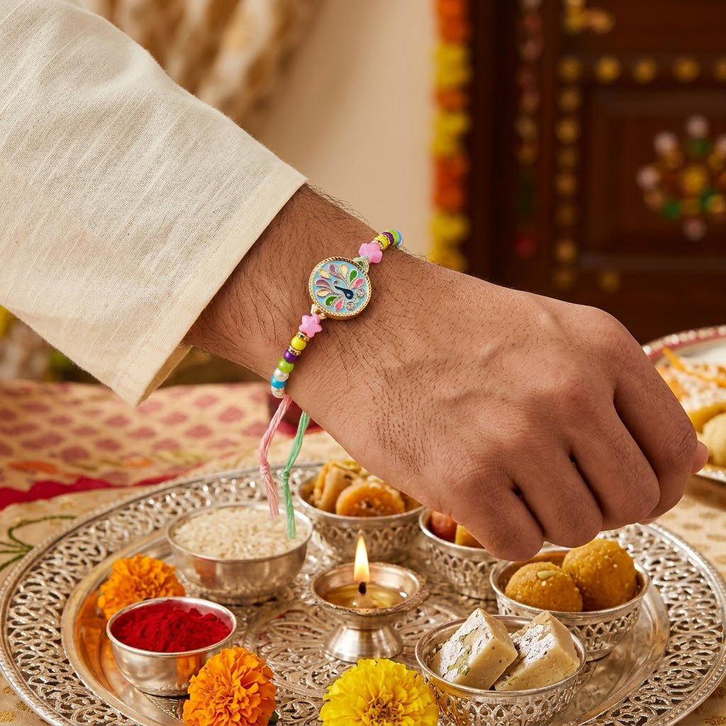 BRO Text Dial and Peacock Meenakari Designer Rakhi (Set of 2)