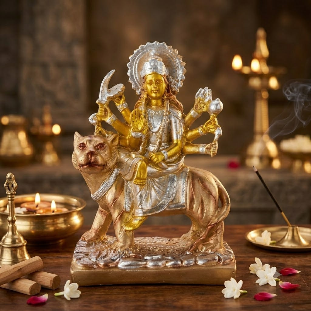 Premium Silver & Gold Maa Durga Resin Statue
