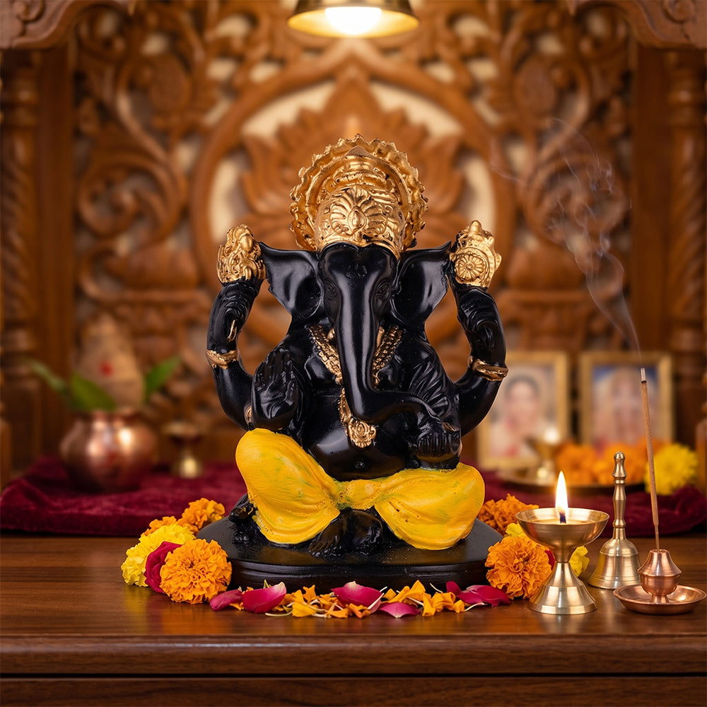 Premium Hand Painted Black & Gold Resin Ganesha Statue