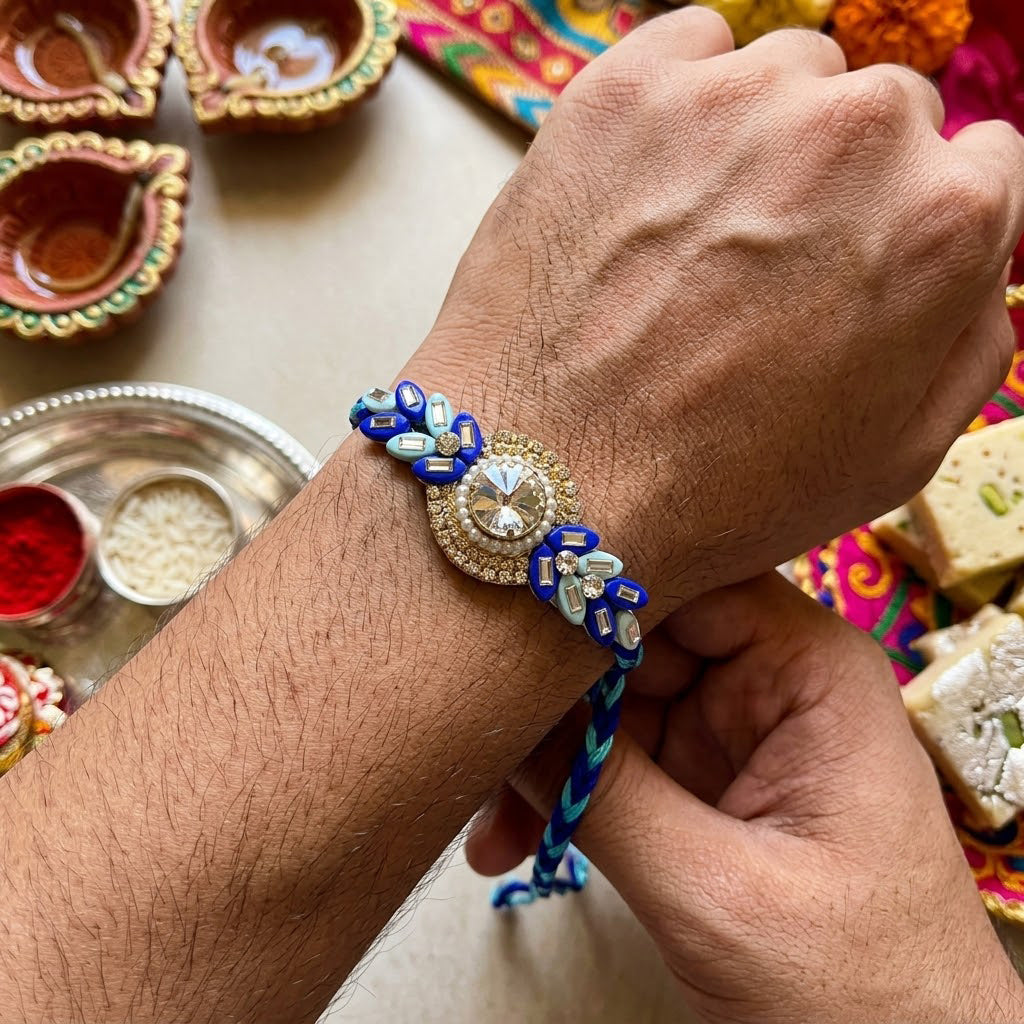 Royal Blue Evil Eye Solitaire Crystal Designer Rakhi (Set of 2)