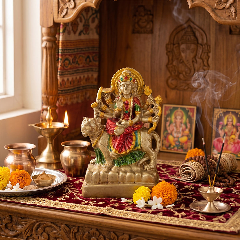 Premium Gold Crimson & Green Maa Durga Resin Statue