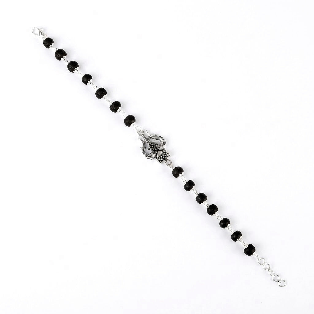 Silver Plated Karungali Bracelet with Om Trishul Charm