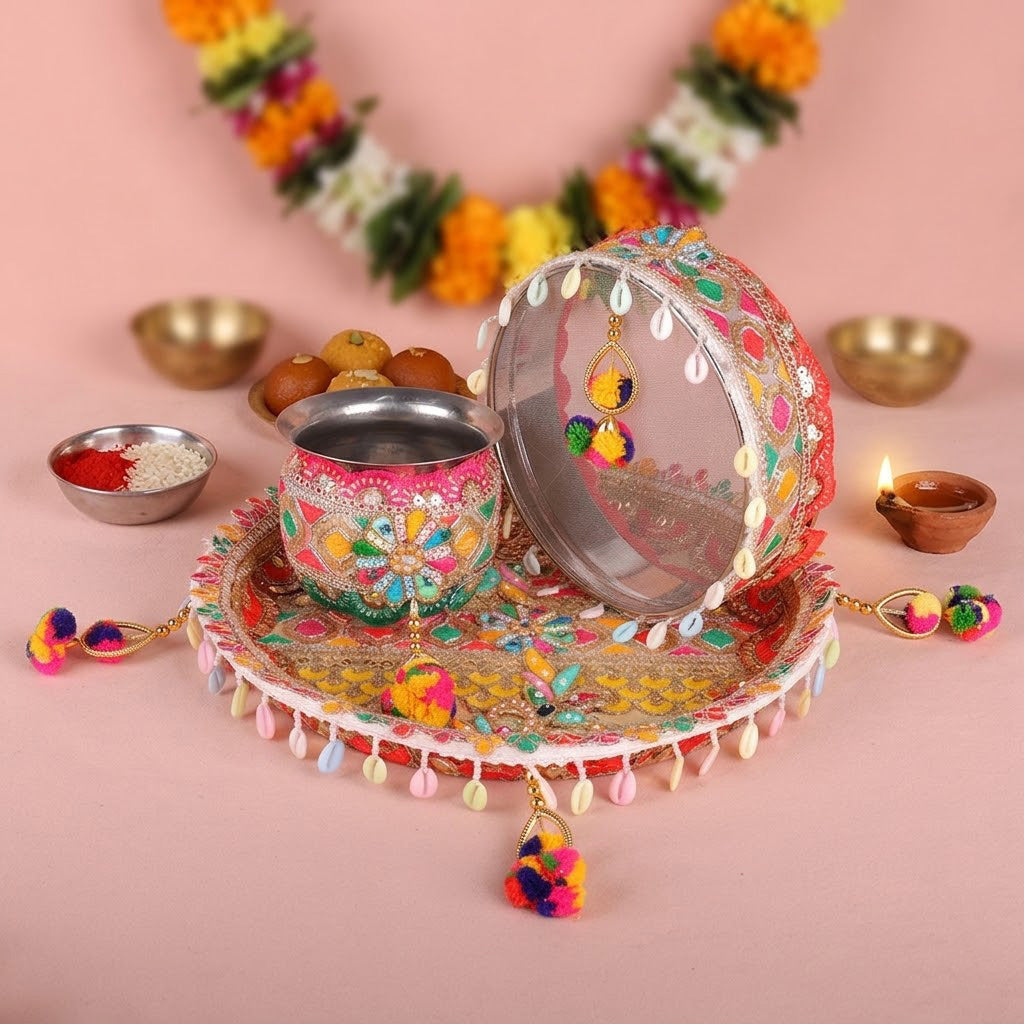 11 Pc Golden Criss Cross Peacock Designer Karwa Chauth Thali Set