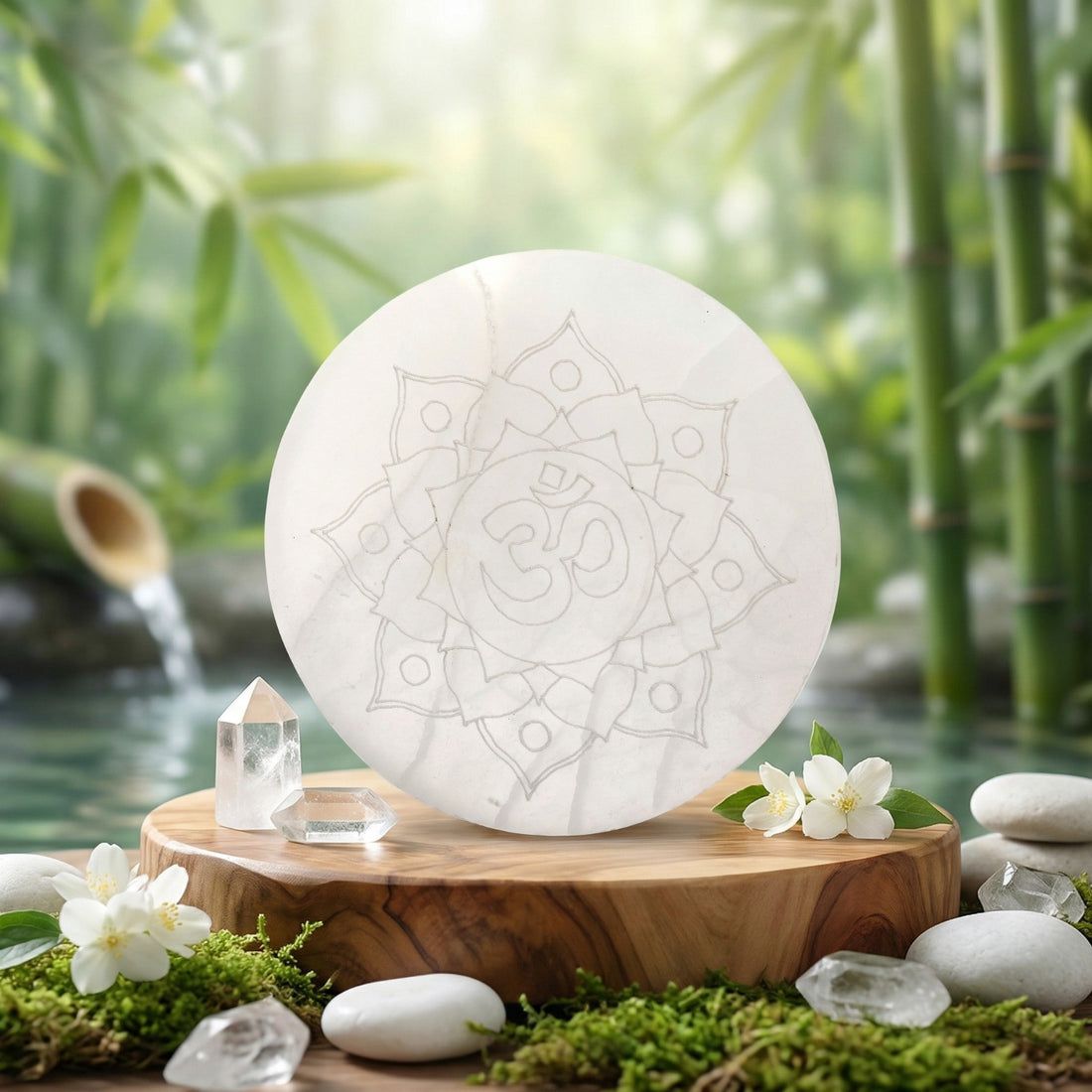 Om Selenite Plate Spiritual Decorative Tool