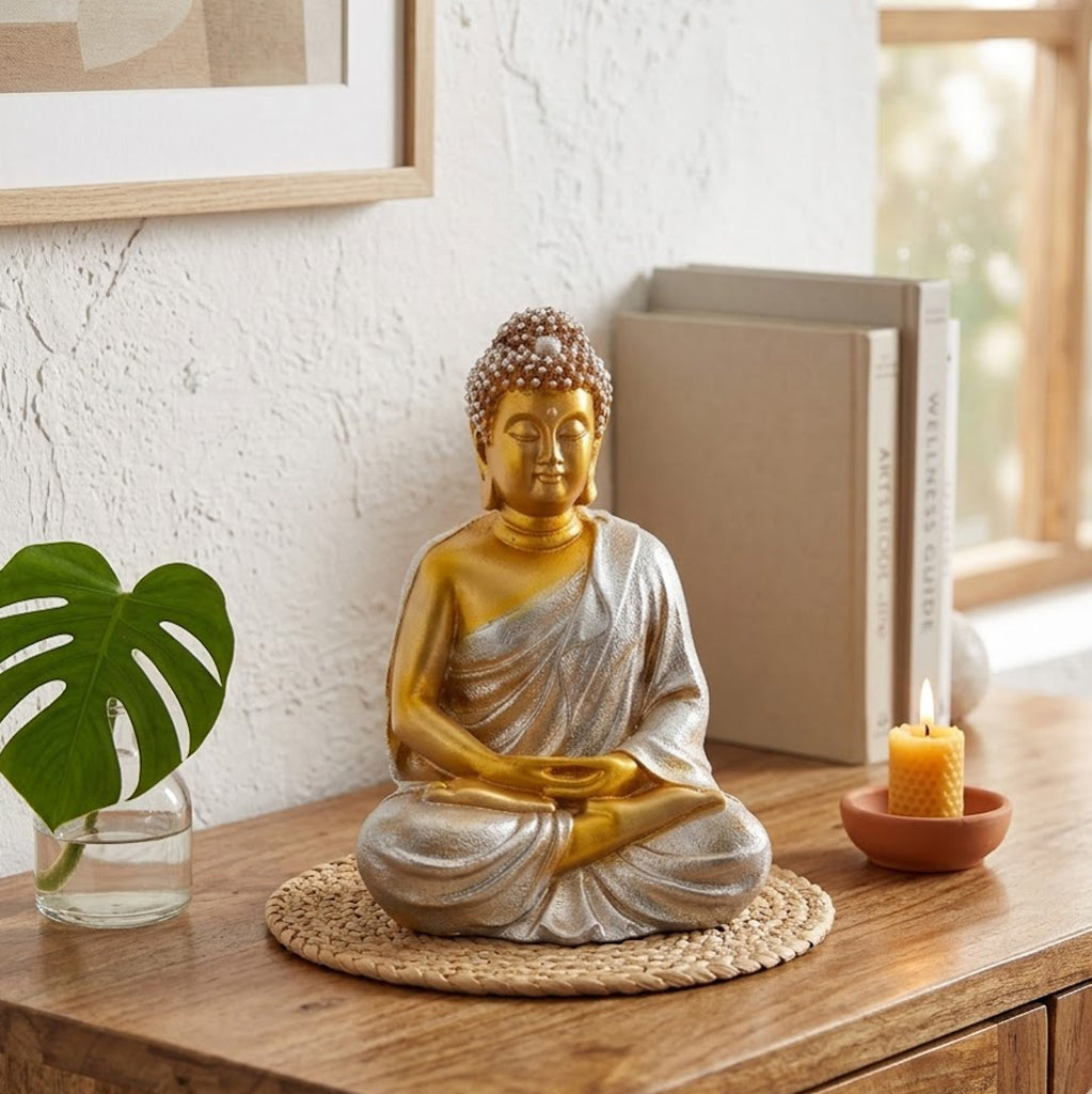 Meditating Gold & Silver Buddha Resin Statue