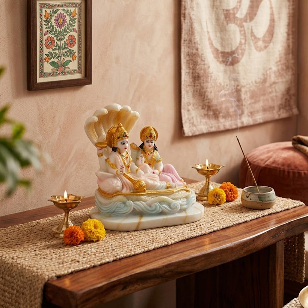 Beautiful Vishnu Ji and Mata Laksmi White Statue