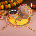 11 Pc Yellow Embroidery Karwa Chauth Thali Set