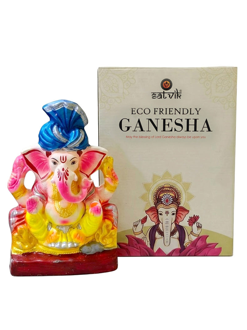 8 Inch Vibrant Hand Painted Ganesha Idol with Royal Blue Turban