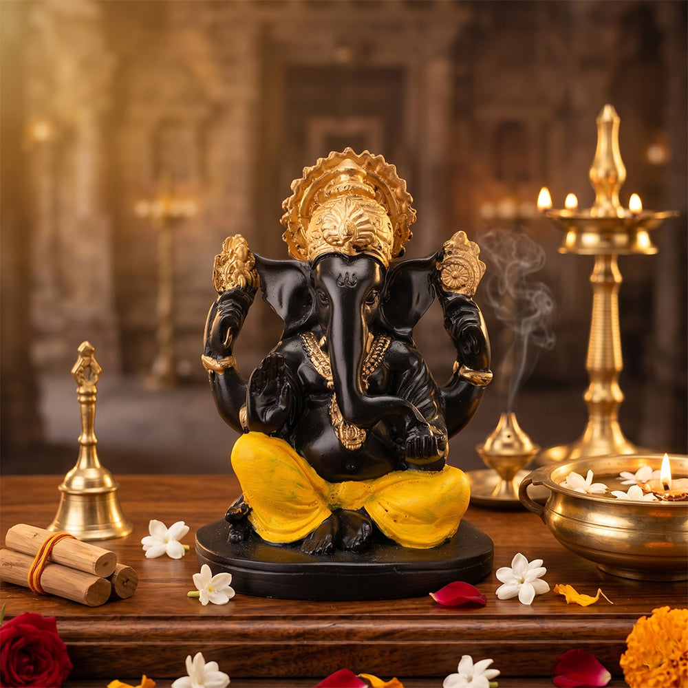 Premium Hand Painted Black & Gold Resin Ganesha Statue