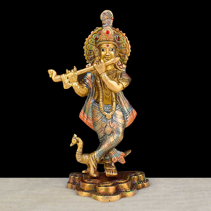 8.1-inch Lord Krishna brass murti featuring intricate detailing, perfect for spiritual home decor, temple worship, and devotional gifting. India’s Largest Brass Idols Brand - www.satvikstore.in
