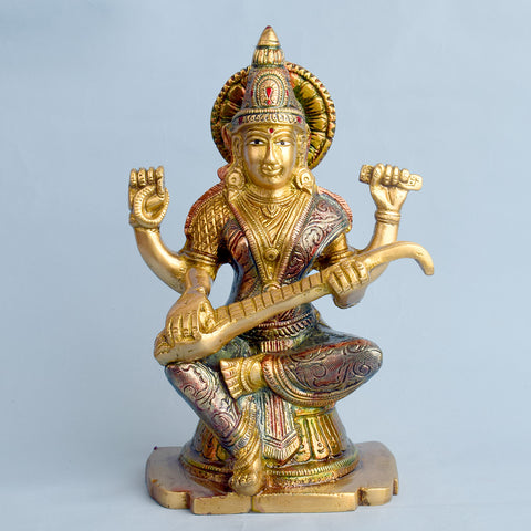 8.7 Inch Divine Brass Saraswati Maa Idol | Goddess Statue Brass Statue featuring intricate detailing, perfect for spiritual home decor, temple worship, and devotional gifting. India’s Largest Brass Idols Brand - www.satvikstore.in