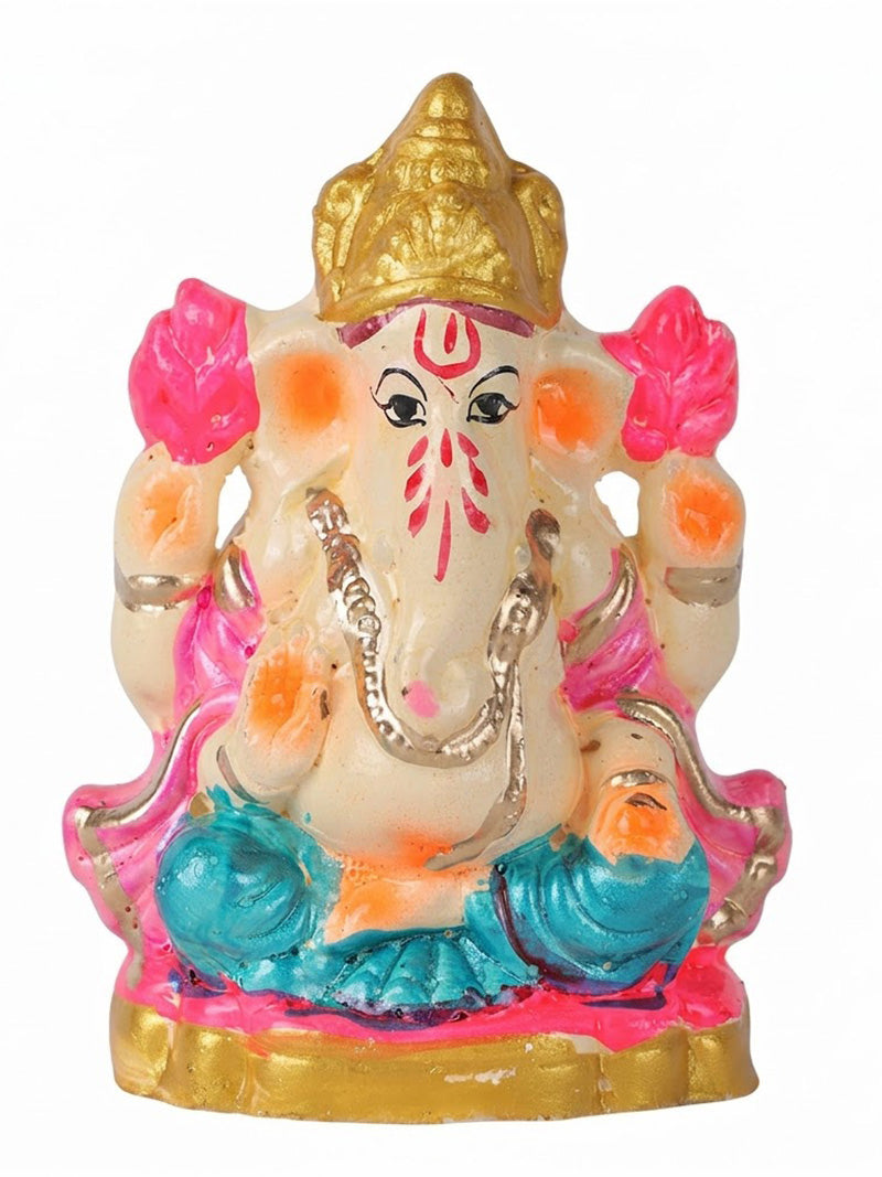 4 Inch Eco Friendly Ganesha Idol with Pink Lotuses & Golden Mukut