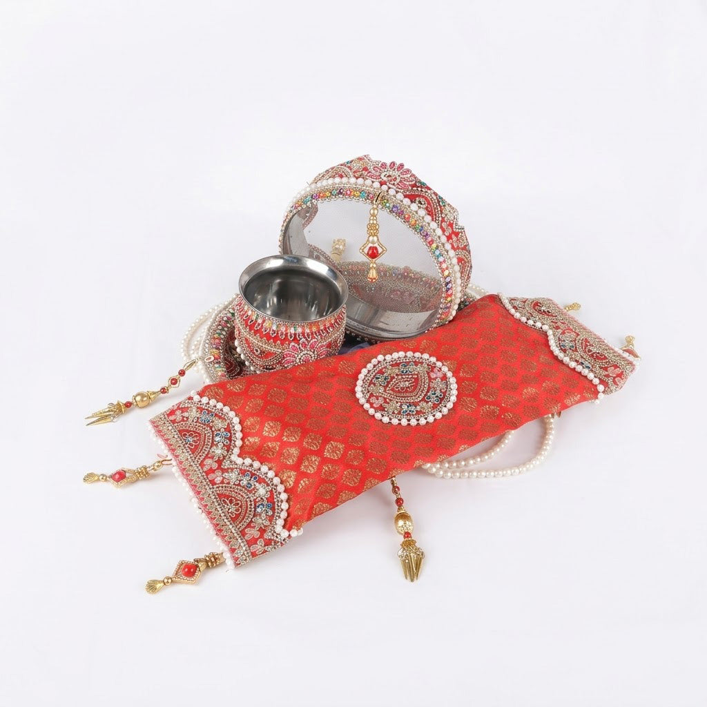 11 Pc Elegant Red Embroidery Karwa Chauth Thali Set