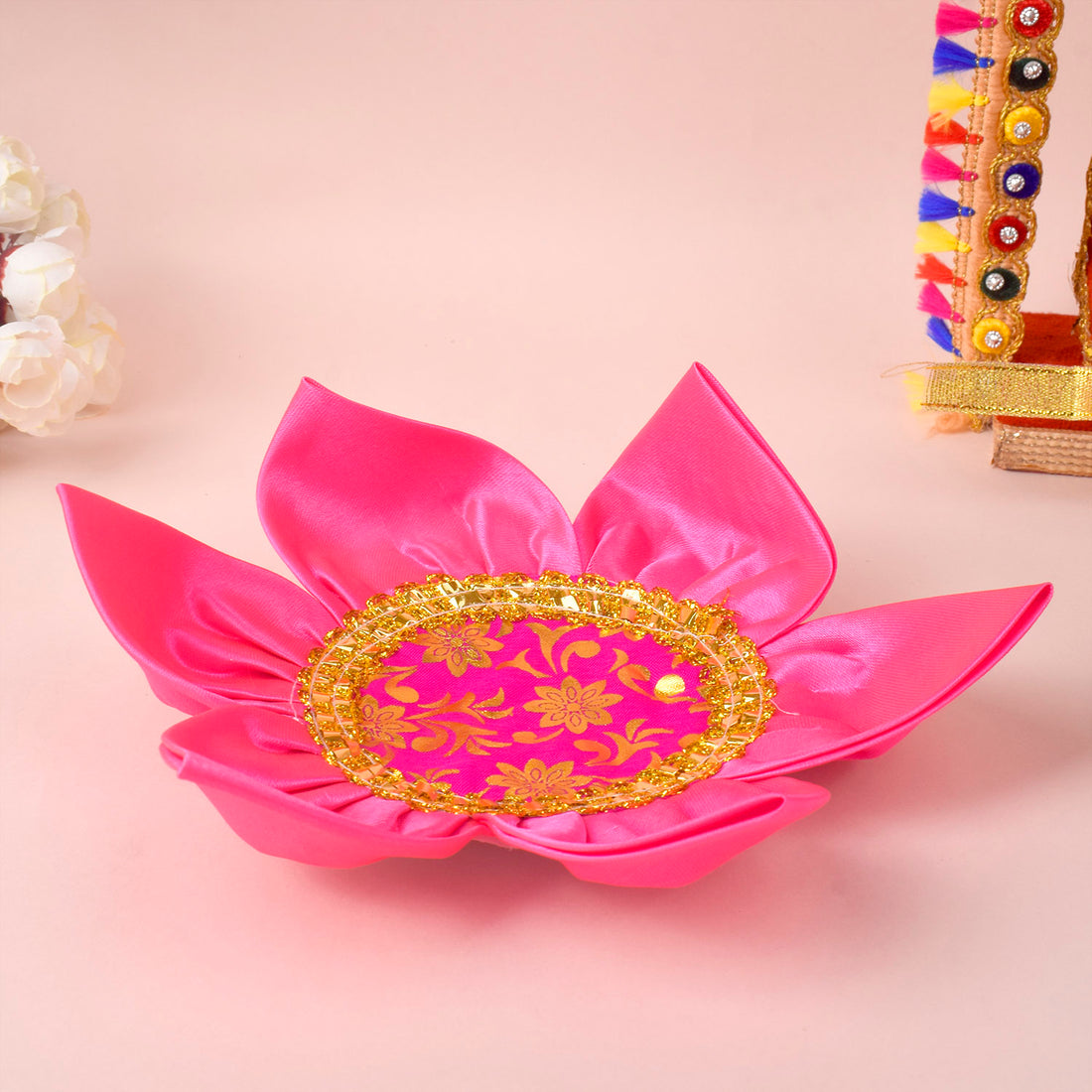 Sacred satin Kamal Asan with lotus design and golden lace border for pooja and meditation. India’s Largest Pooja Accessories Brand - www.satvikstore.in