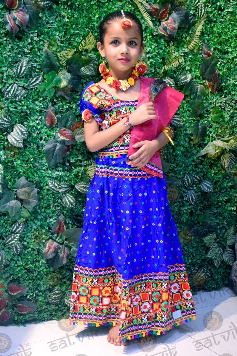 Elegant Blue Phulkari Radha Dress for Girls – With Pink Dupatta