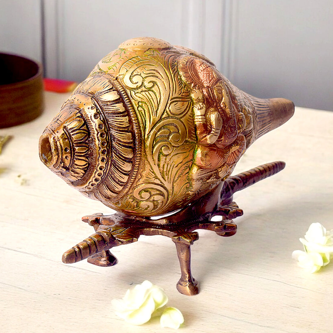 5.9 Inch Handcrafted Indian Brass Shankh With Ganesha Engraving with Stand