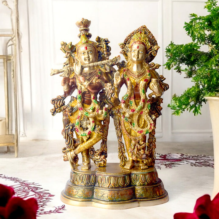 This Stunning Radha Krishna Brass Idol beautifully captures the divine love and grace of Radha and Krishna. Crafted from high-quality brass with intricate detailing, it exudes elegance and spiritual charm. Perfect for adorning your home, temple, or gifting to loved ones, this idol serves as a symbol of eternal love, peace, and devotion.