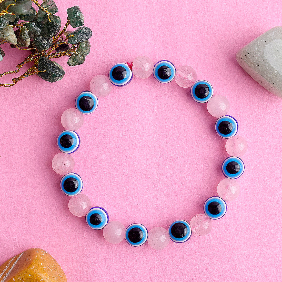 Authentic Rose Quartz Bracelet with Evil Eye for Love, Healing, and Protection. India’s Largest Pooja Accessories Brand – www.satvikstore.in