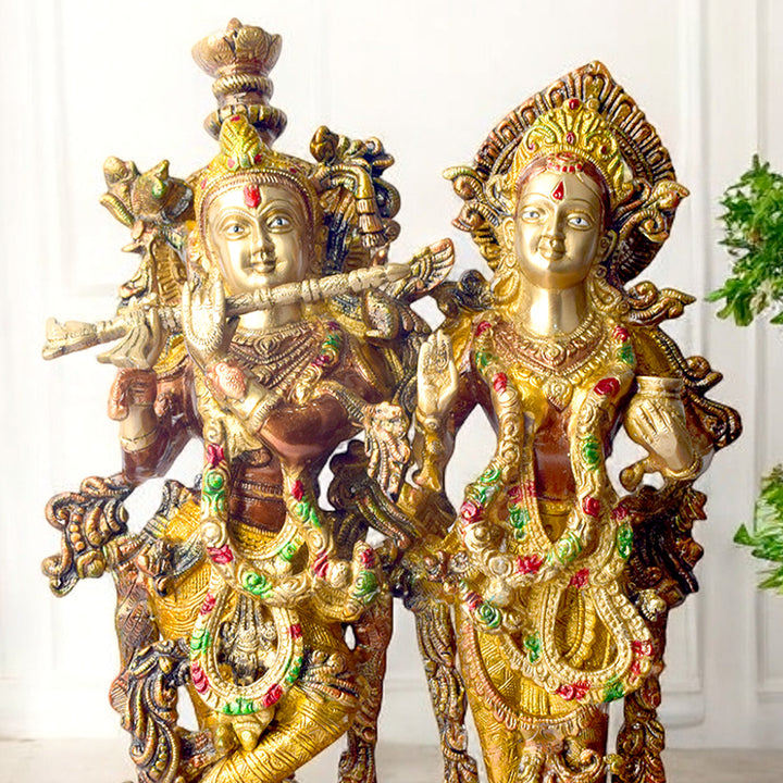 This Stunning Radha Krishna Brass Idol beautifully captures the divine love and grace of Radha and Krishna. Crafted from high-quality brass with intricate detailing, it exudes elegance and spiritual charm. Perfect for adorning your home, temple, or gifting to loved ones, this idol serves as a symbol of eternal love, peace, and devotion.