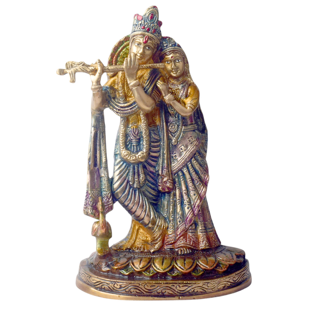 The 10 Inch Radha Krishna Idol for Your Altar is a stunning depiction of divine love and spiritual harmony. Crafted with exquisite attention to detail, this idol beautifully portrays Radha and Krishna in a graceful pose, with Krishna playing his flute and Radha radiating serenity and devotion.