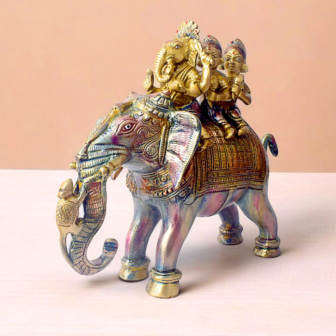 8 Inch Brass Lord Ganesh Sitting On A Elephant Riding With Riddhi And Siddhi