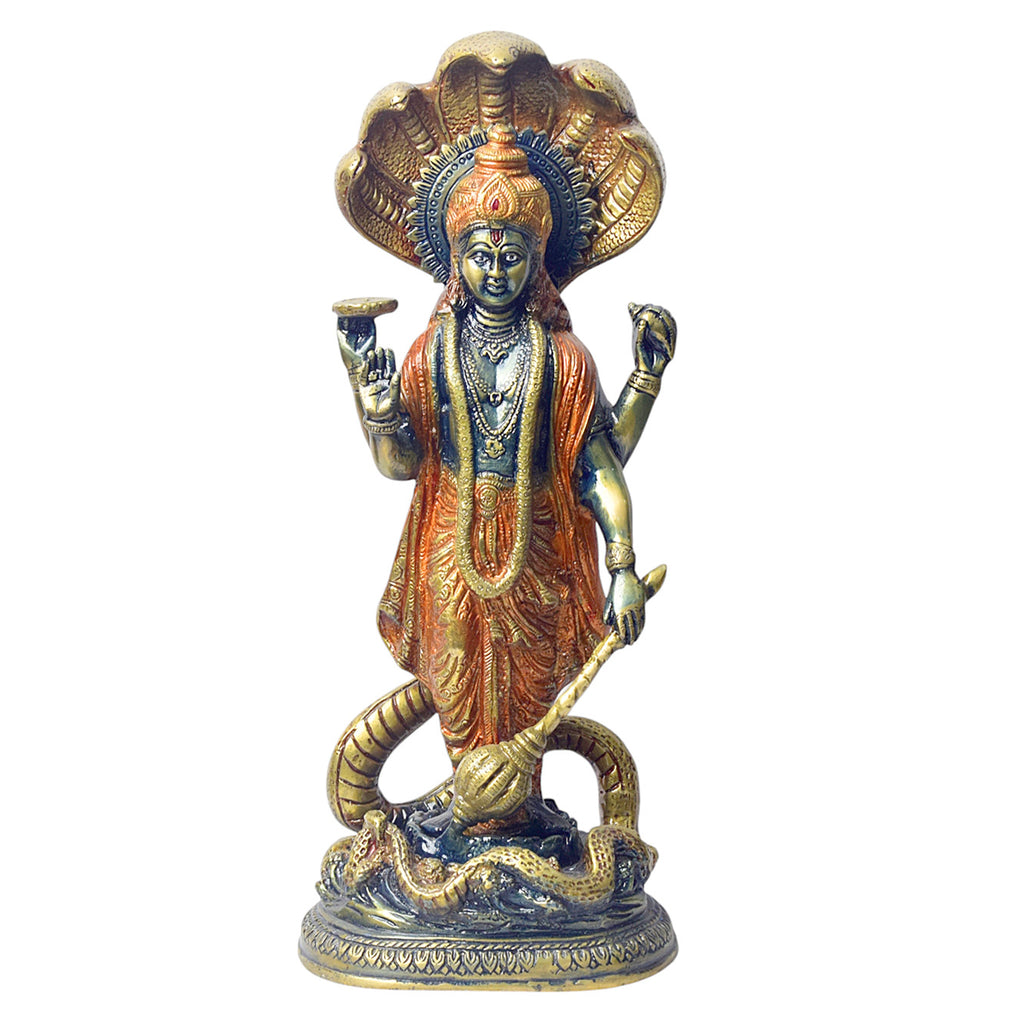  Bring divine protection and blessings into your home with this stunning 17-inch Brass Vishnu Standing with Sheshanag Idol. This intricately crafted statue features Lord Vishnu, the preserver of the universe, standing gracefully atop the Sheshanag (cosmic serpent). 