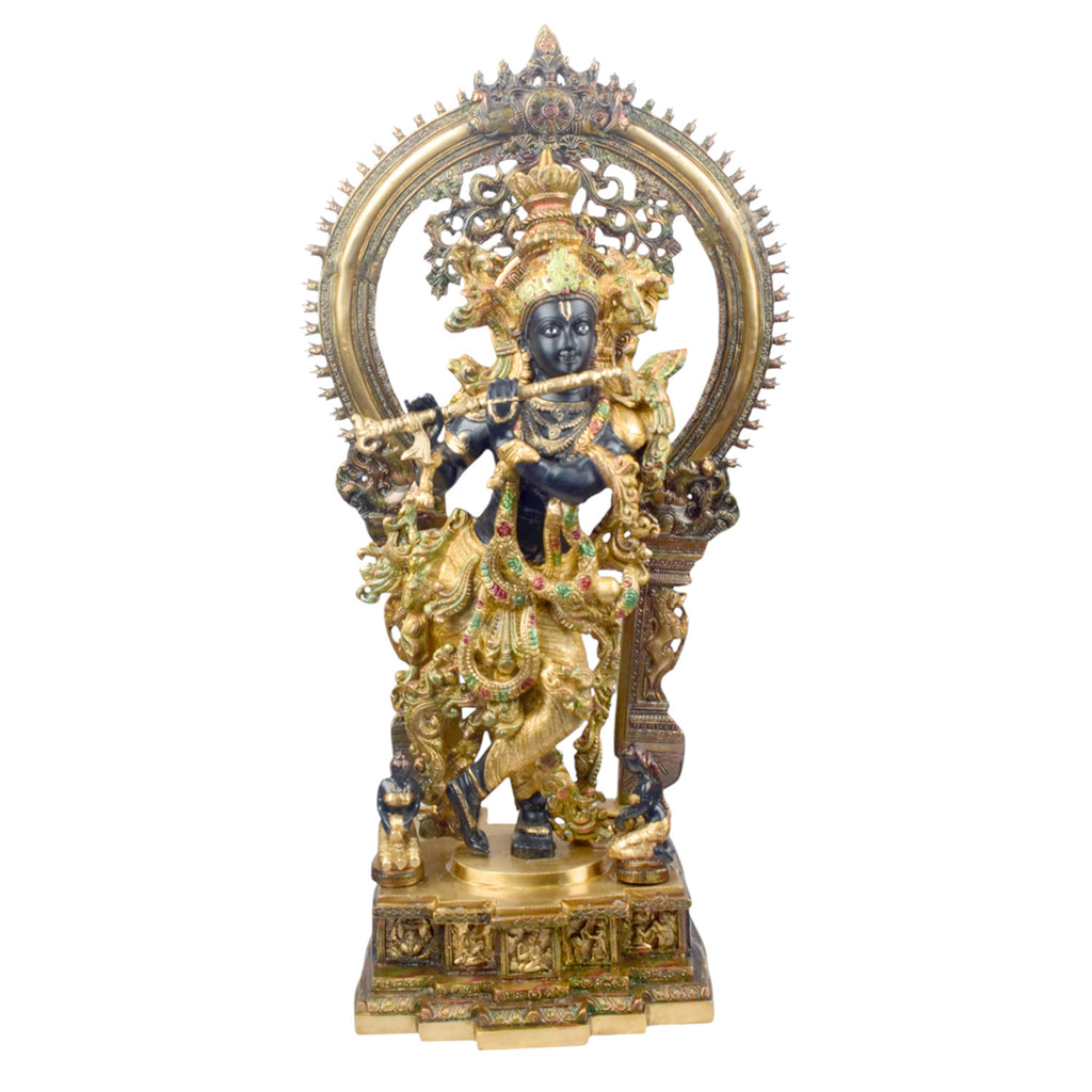 Bring divine elegance into your home with this stunning 32-inch Lord Krishna statue. Expertly crafted with intricate details, the statue beautifully portrays Lord Krishna in a serene and graceful stance. The engraved base adds a touch of traditional artistry, while the surrounding frame enhances its majestic presence.