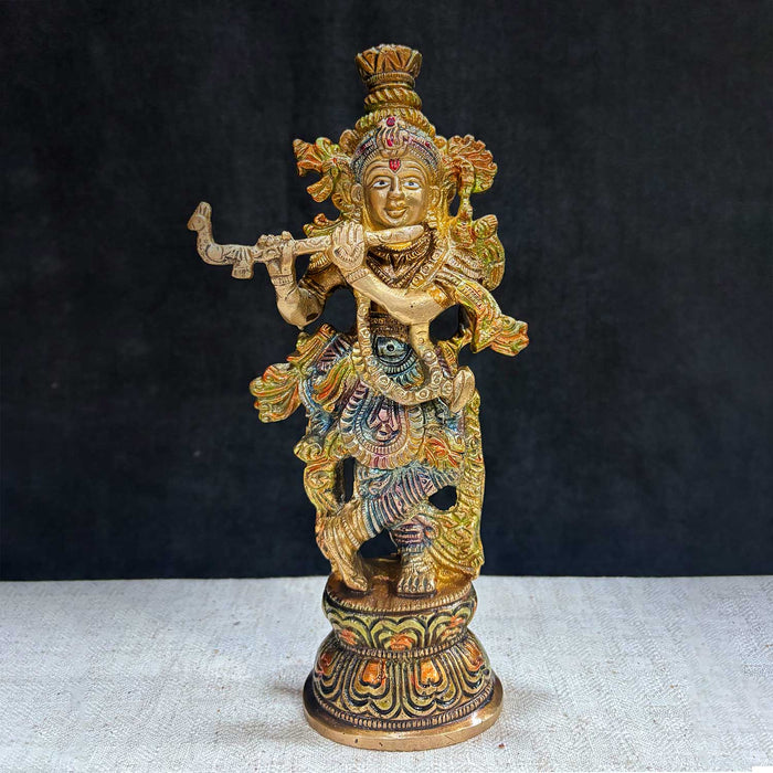  9.3 Inch Krishna Idol – A beautifully crafted brass statue of Lord Krishna, symbolizing joy, devotion, and divine grace, perfect for spiritual spaces, home temples, and worship. No.1 Brass Idol Store www.satvikstore.in 
