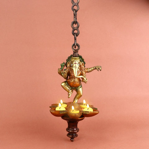 32 Inch Brass Dancing Ganesha Panchmukhi Hanging Diya – Majestic Wall Hanging of Lord Ganesha in a Dancing Pose with Five-Wick (Panchmukhi) Diya, Symbolizing Joy, Wisdom, and Divine Light, Perfect for Home Temple and Festive Decor. No.1 Brass Idol Store www.satvikstore.in 