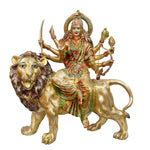 Handcrafted brass statue of Goddess Durga riding her majestic lion, holding various weapons including a sword and bow. Best for VIP Gift, best for big premium gift, best for your temple. India's Largest Puja Accessories Brand - Satvik No. 1 Brass Idol Collection 