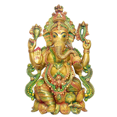 Temple-size brass Ganesha idol with glossy finish – 54 cm (21 inches) height, 37 cm (14.5 inches) length, and 20850 grams (20.85 kg) weight. This handcrafted temple-size murti is made from high-quality brass, perfect for home temples, puja, and gifting. Buy premium temple-size statues from India's Large Puja Accessories Brand - Satvik India's No. 1  Brass Collection 