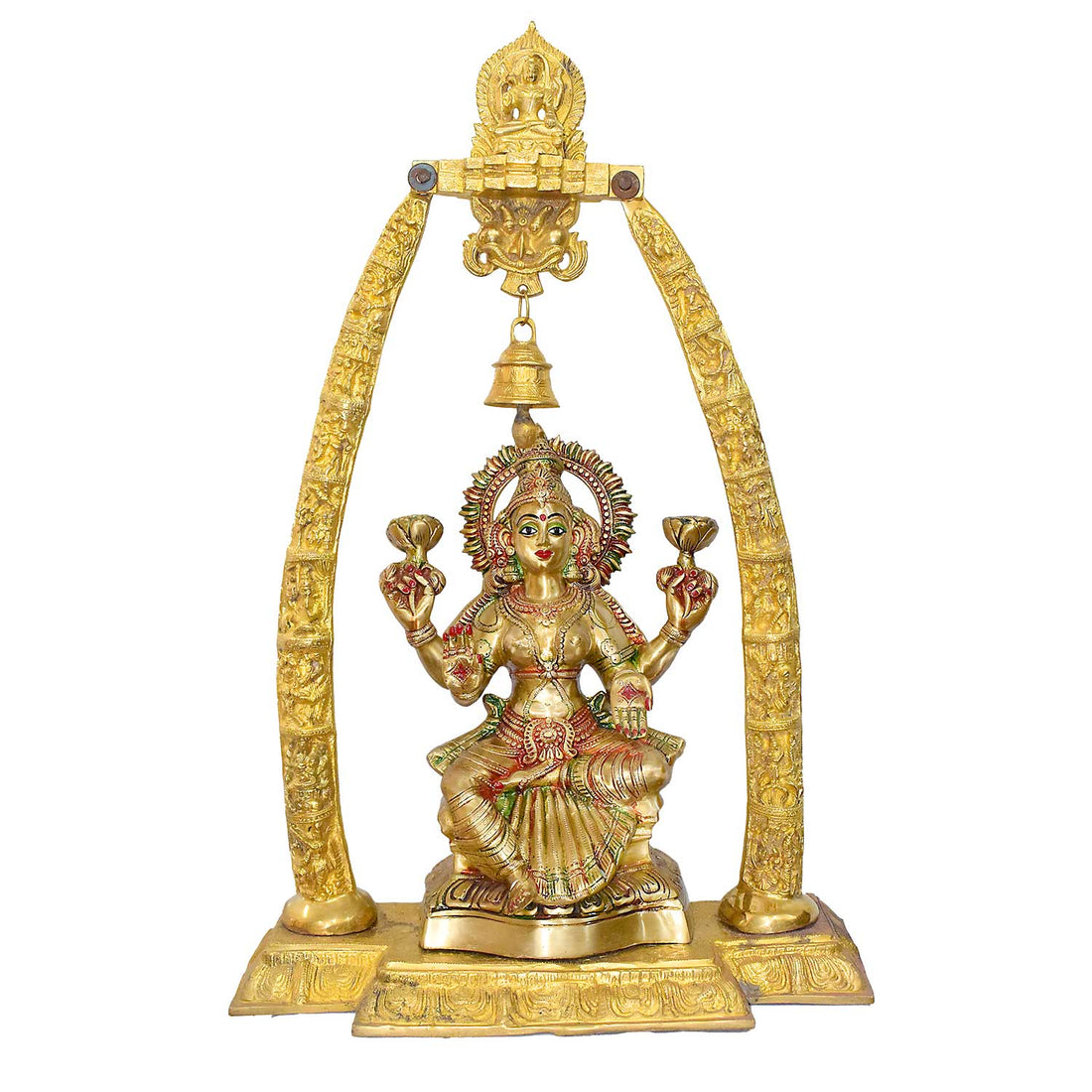 Handcrafted Brass Goddess Lakshmi Idol with Bell Arch | Glossy Finish Temple Decor | Premium Brass Laxmi Murti for Home and Mandir | Best for VIP Gift, Big Premium Gift & Temple Installations | Beautiful Multicolor Detailing | Ideal for Puja, Festival & Auspicious Gifting | India's Largest Puja Accessories Brand - Satvik No. 1 Brass Idol Collection. 
