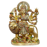 A handcrafted brass statue of Mata Rani (Goddess Durga) seated on her lion, holding multiple weapons including a sword and trident, glossy finish, weight 31750 grams, height 64 cm (approximately 25.2 inches), length 45 cm (approximately 17.72 inches). Best for VIP Gift, best for a big premium gift, and best for your temple. India's Largest Puja Accessories Brand - Satvik No. 1 Brass Idol Collection 

