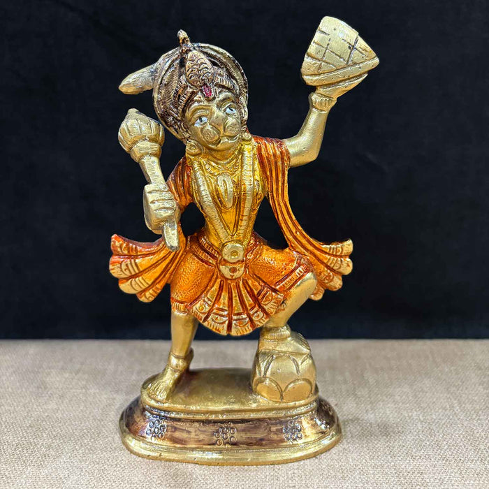 5.5 Inch Brass Hanuman Ji Idol carrying Sanjeevani mountain, finely crafted with dynamic detailing – symbol of strength, devotion, and healing, ideal for home temple and spiritual gifting No.1 Brass Idol Store www.satvikstore.in 