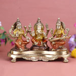 4.7 Inch Brass Lakshmi Ganesh with Saraswati Idol featuring finely detailed craftsmanship, ideal for pooja room and festive décor. No.1 Brass Idol Store www.satvikstore.in  