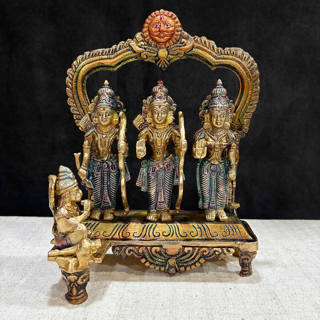 9.4 Inch Brass Ram Darbar Idol featuring Lord Ram, Sita, Lakshman, and Hanuman in a sacred and protective divine form.No.1 Brass Idol Store www.satvikstore.in 