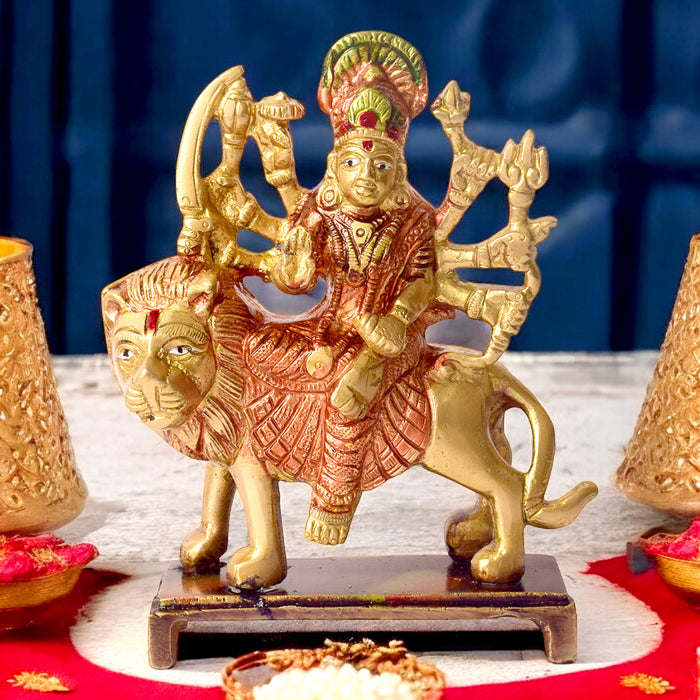5.5 Inch Charming Brass Sherawali Mata Idol finely detailed with traditional craftsmanship, ideal for Navratri worship, home temple, and spiritual décor. No.1 Brass Idol Store www.satvikstore.in 