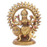 8 Inch Divine Brass Sherawali Mata idol intricately placed in a round frame, symbolizing strength and protection, ideal for home temple or wall décor. No.1 Brass Idol Store www.satvikstore.in 
