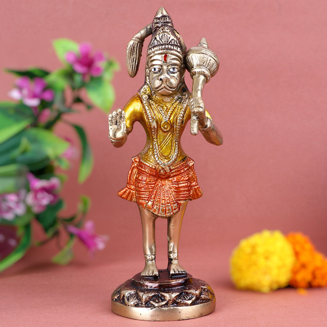7.6 Inch Brass Standing Hanuman Ji Idol in a powerful pose, symbolizing strength, devotion, and divine protection — perfect for temple or home altar. No.1 Brass Idol Store www.satvikstore.in 