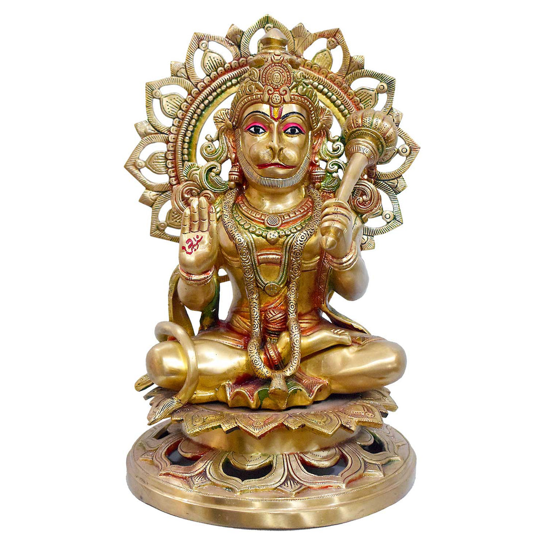 17-inch handcrafted brass statue of Lord Hanuman seated on a lotus throne with a decorative halo, holding a gada (mace) and in a blessing gesture. It is best for a VIP Gift, best for a big premium gift, and best for your temple. India's Largest Puja Accessories Brand - Satvik No. 1 Brass Idol Collection  