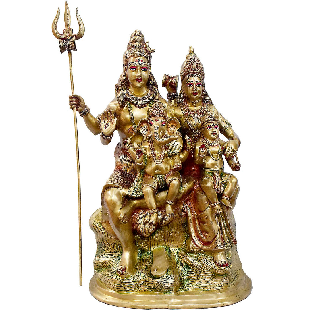 Handcrafted brass statue of Shiva Parivar (Shiva, Parvati, Ganesha, and Kartikeya) with Trishul, intricately detailed. It is best for a VIP Gift, best for a big premium gift, and best for your temple. India's Large Puja Accessories Brand - Satvik No. 1  Brass Idol Collection 

