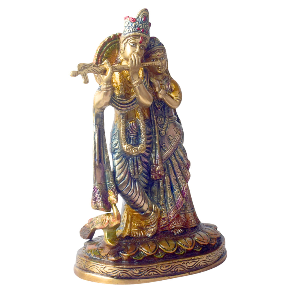 The 10 Inch Radha Krishna Idol for Your Altar is a stunning depiction of divine love and spiritual harmony. Crafted with exquisite attention to detail, this idol beautifully portrays Radha and Krishna in a graceful pose, with Krishna playing his flute and Radha radiating serenity and devotion.