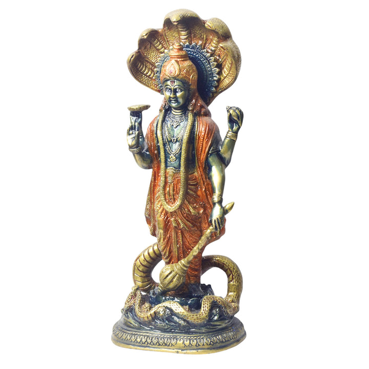  Bring divine protection and blessings into your home with this stunning 17-inch Brass Vishnu Standing with Sheshanag Idol. This intricately crafted statue features Lord Vishnu, the preserver of the universe, standing gracefully atop the Sheshanag (cosmic serpent). 