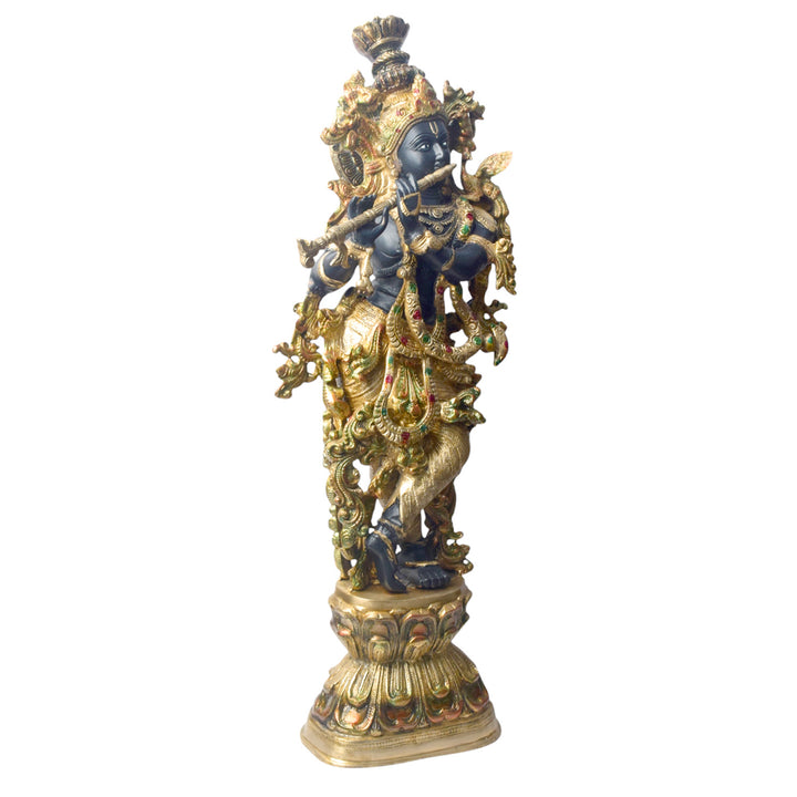  Elevate your space with the majestic 28-inch Brass Krishna Sculpture, designed with exquisite artistic detailing. This grand piece beautifully depicts Lord Krishna in a graceful and serene posture, showcasing intricate craftsmanship that highlights every delicate feature. 