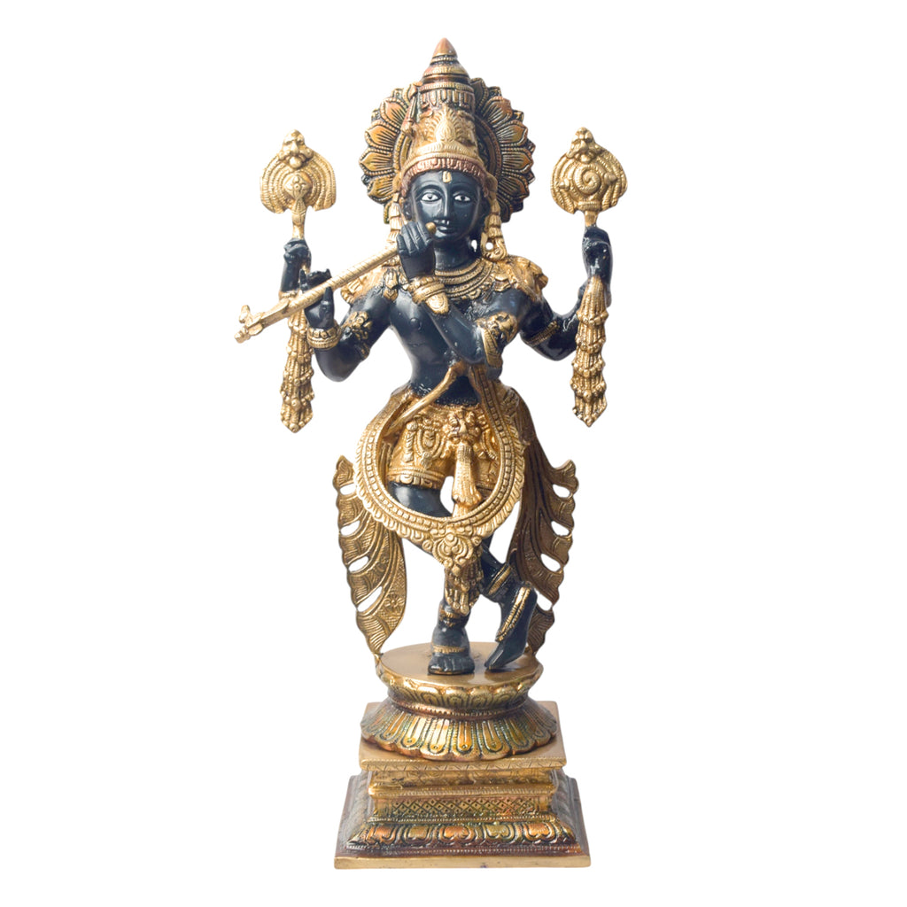 Bring home the divine charm of Lord Krishna with this exquisite 19-inch Brass Chola Krishna Sculpture. Expertly crafted, this statue captures Lord Krishna in his iconic pose, gracefully playing the flute.