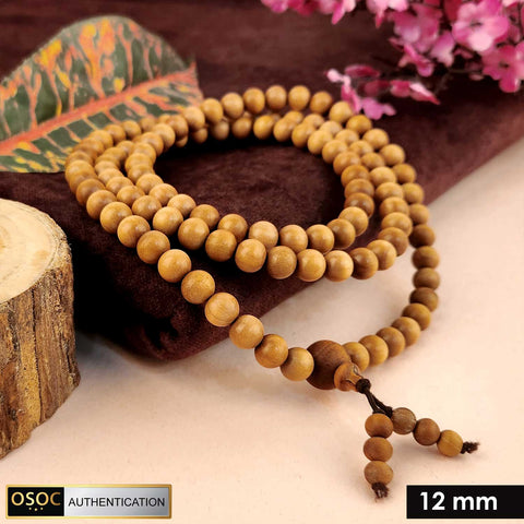 Certified 12mm 100% original authentic Mysore white sandalwood (Chandan) jap mala, handcrafted with large smooth beads for meditation, prayer, and spiritual rituals.India’s Premium Jap Mala Store - www.satvikstore.in