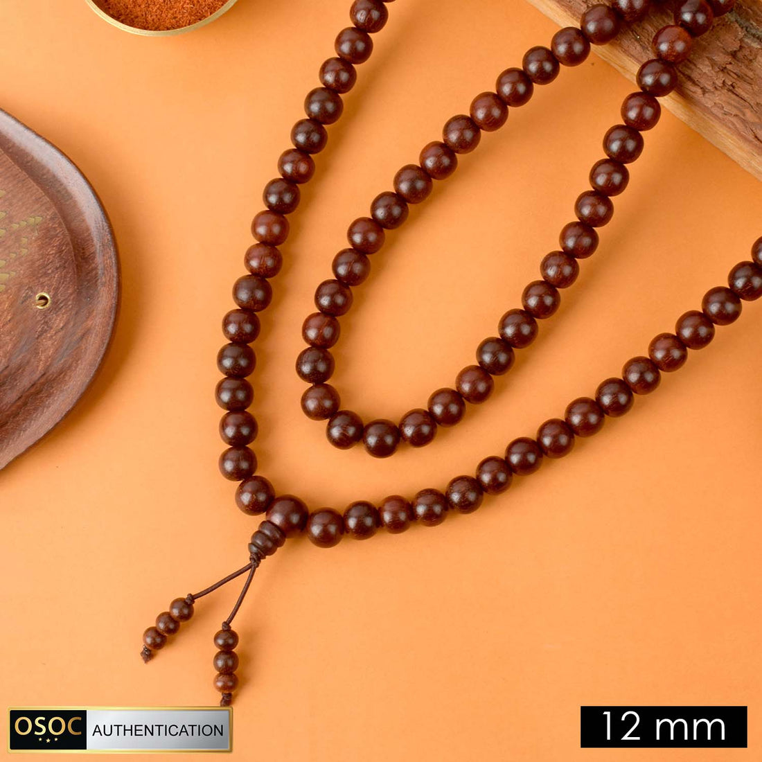 Certified 12mm Original Pure Red Sandalwood Jap Mala from Andhra Pradesh with elastic thread for comfortable daily japa and meditation.India’s Premium Jap Mala Store - www.satvikstore.in