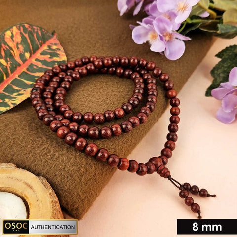 Certified 8mm 100% original authentic red sandalwood (Chandan) jap mala from Andhra Pradesh, featuring smooth round beads for meditation and spiritual practices. India’s Premium Jap Mala Store - www.satvikstore.in